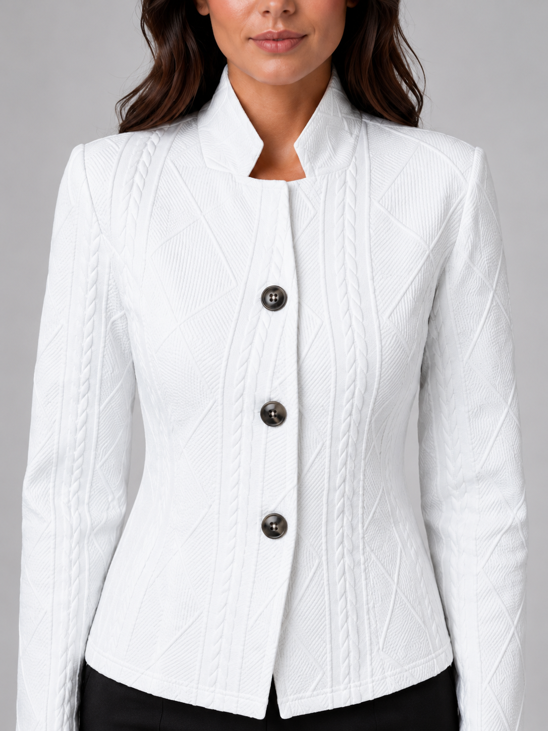 Women’s Collarless Textured Blazer – Tailored Button Jacket