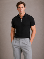 Men's Ribbed Zip Polo Shirt – Slim Fit Short Sleeve
