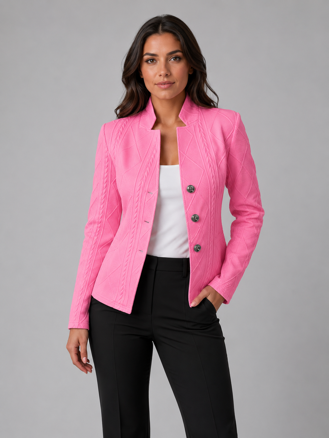 Women’s Collarless Textured Blazer – Tailored Button Jacket