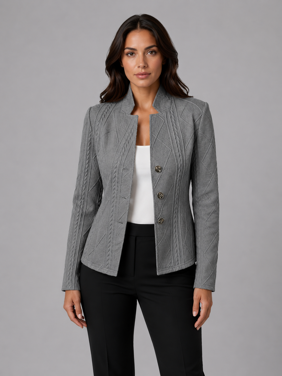 Women’s Collarless Textured Blazer – Tailored Button Jacket