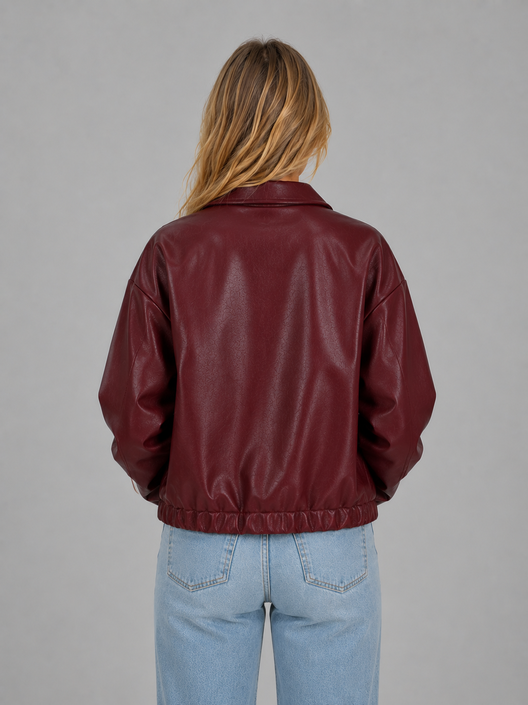 Women’s Faux Leather Zip Jacket – Cropped Fit with Pockets