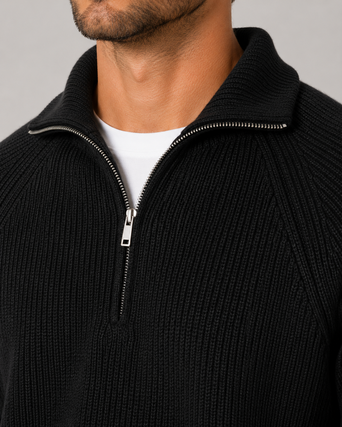 Men’s Quarter-Zip Ribbed Knit Sweater with Mock Neck