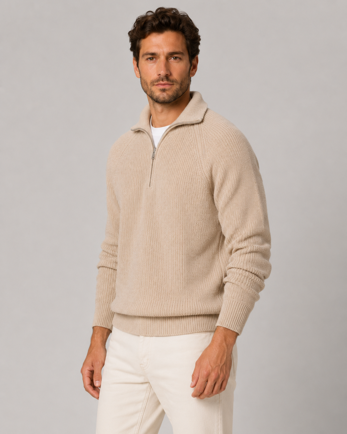 Men’s Quarter-Zip Ribbed Knit Sweater with Mock Neck
