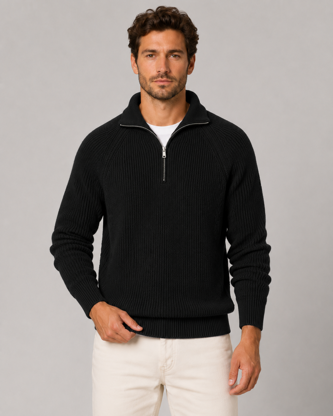 Men’s Quarter-Zip Ribbed Knit Sweater with Mock Neck