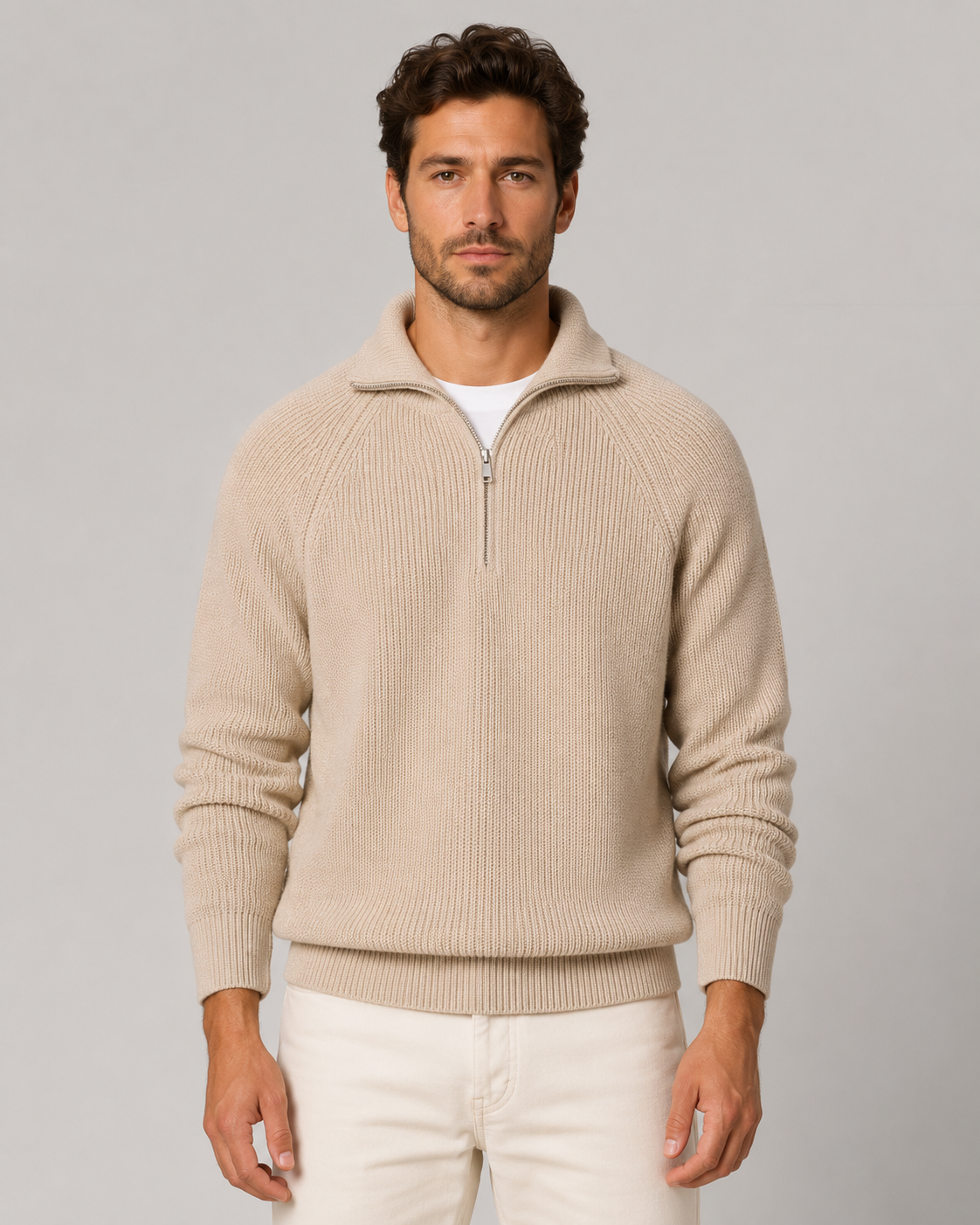 Men’s Quarter-Zip Ribbed Knit Sweater with Mock Neck