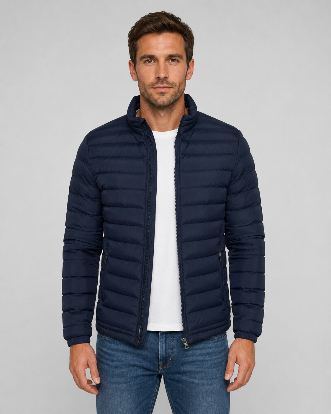 Men’s Quilted Puffer Jacket – Stand Collar Fit
