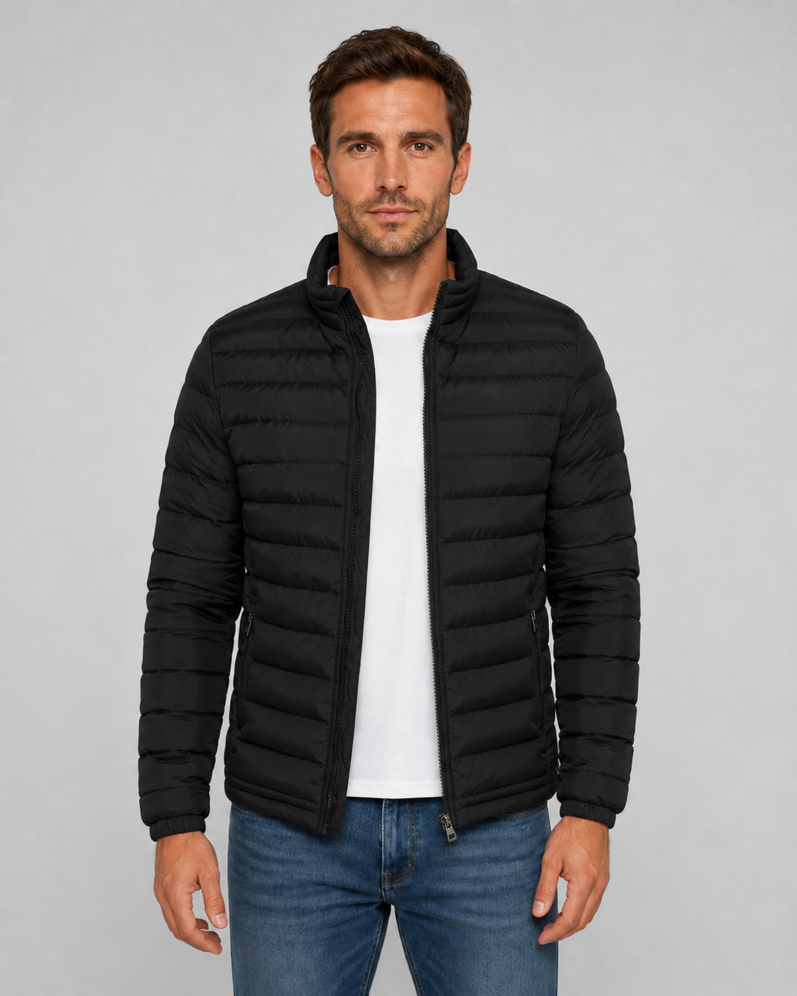 Men’s Quilted Puffer Jacket – Stand Collar Fit