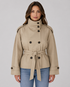 Women’s Cropped Trench Coat – Funnel Neck Tie Waist