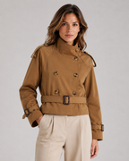 Women's Cropped Double-Breasted Trench Jacket with Funnel Neck