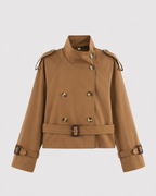 Women's Cropped Double-Breasted Trench Jacket with Funnel Neck