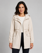 Women’s Hooded Trench Coat – Drawstring Waist Zip Jacket