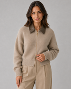 Women’s Knit Zip Cardigan with Leather Collar
