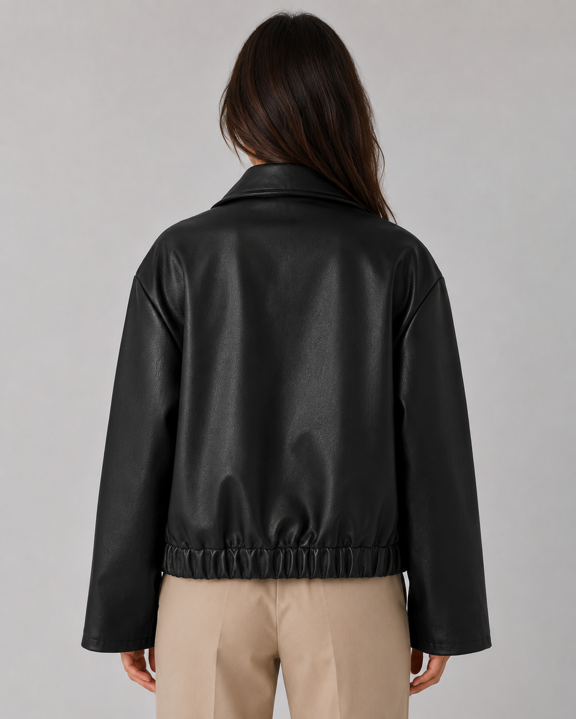 Women’s PU Leather Cropped Jacket – Zip Front Relaxed Fit