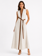 Women's Sleeveless Midi Dress with Stand Collar