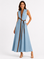 Women's Sleeveless Midi Dress with Stand Collar