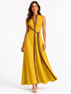 Women's Sleeveless Midi Dress with Stand Collar