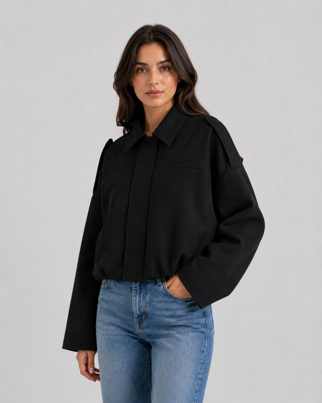 Women's Suede Zip-Up Jacket, Relaxed Cropped Fit