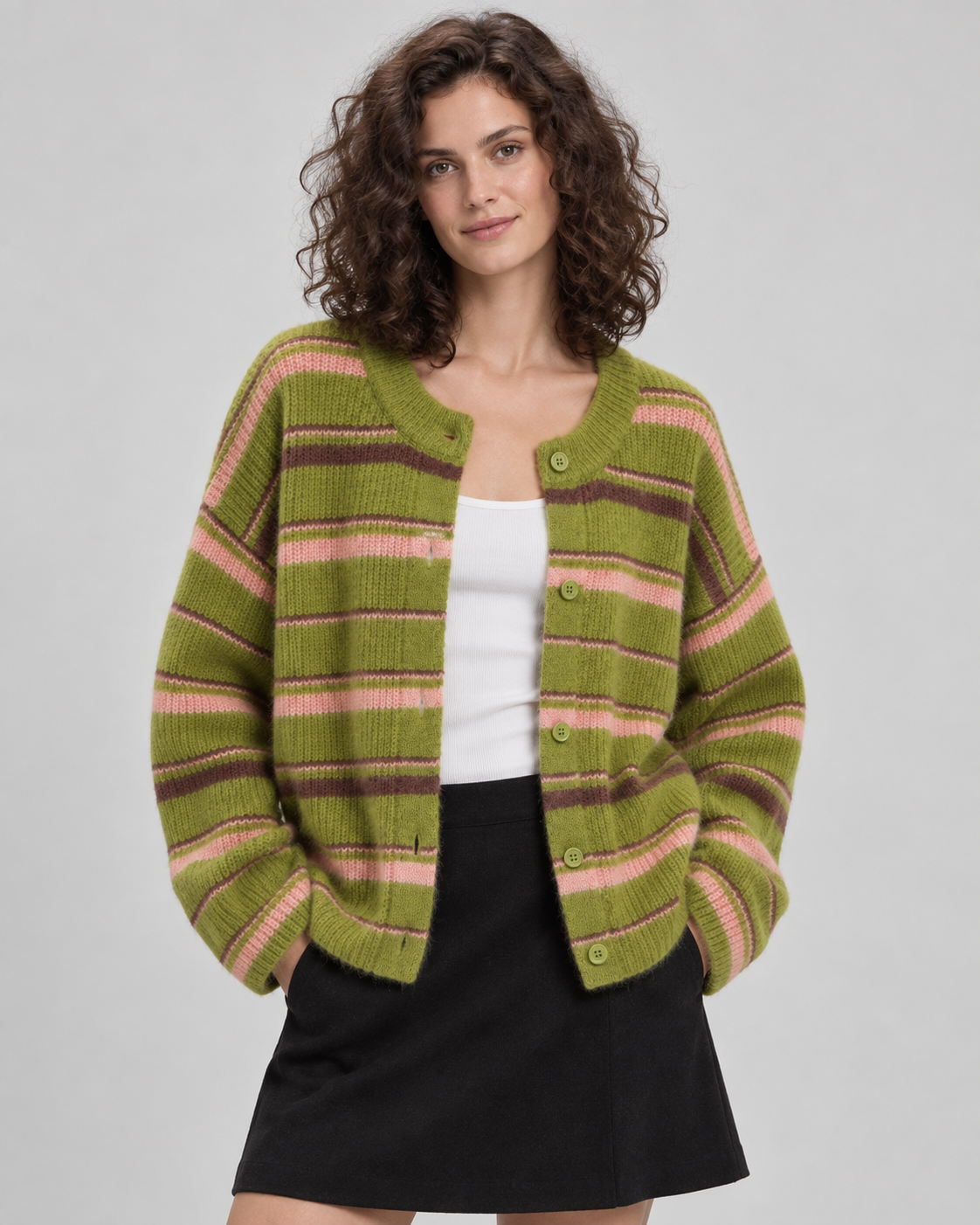 Button-Front Striped Cardigan - Relaxed Knit Fit