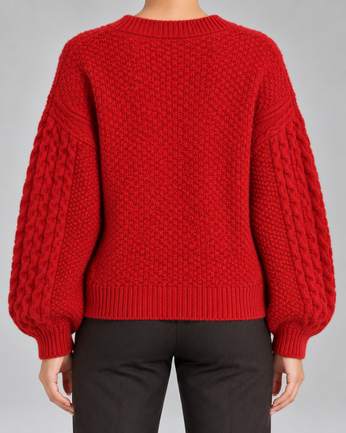 Cable Knit Cardigan - Velvet Bow Front Balloon Sleeve