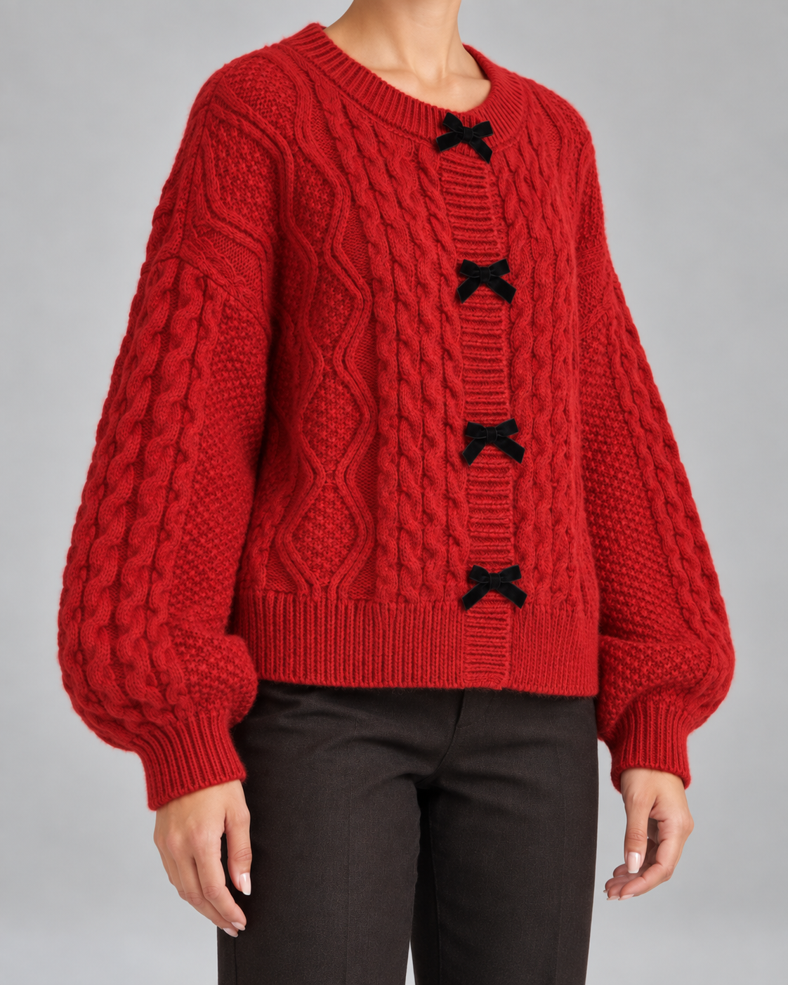 Cable Knit Cardigan - Velvet Bow Front Balloon Sleeve