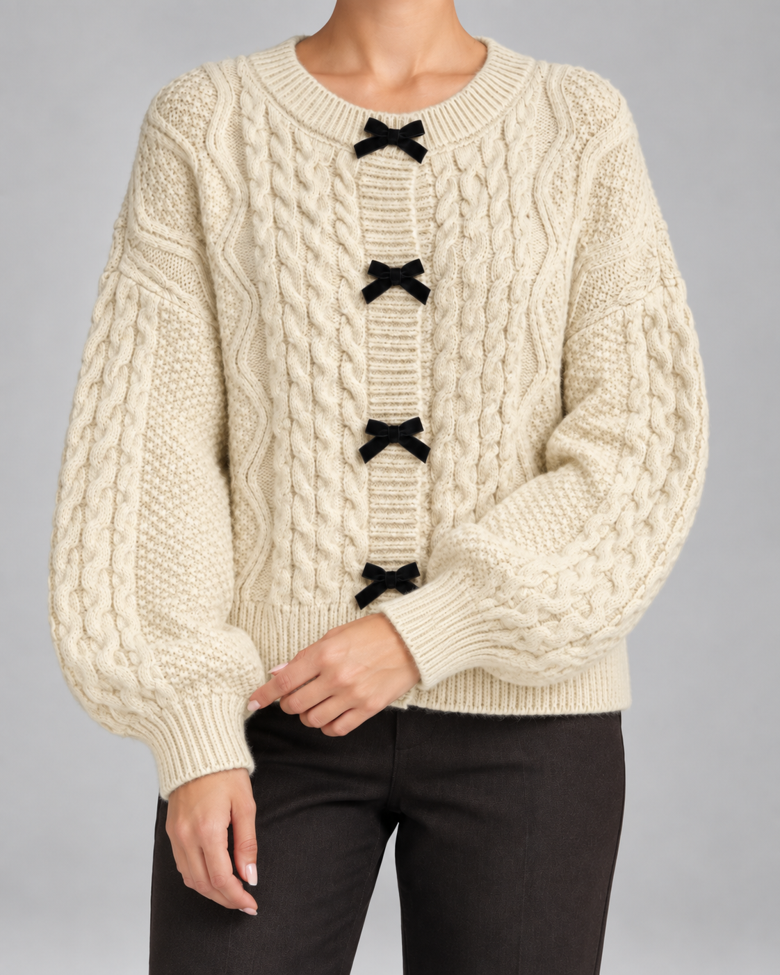Cable Knit Cardigan - Velvet Bow Front Balloon Sleeve