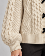 Cable Knit Cardigan - Velvet Bow Front Balloon Sleeve