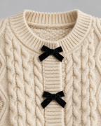 Cable Knit Cardigan - Velvet Bow Front Balloon Sleeve