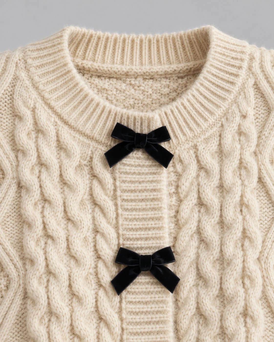 Cable Knit Cardigan - Velvet Bow Front Balloon Sleeve