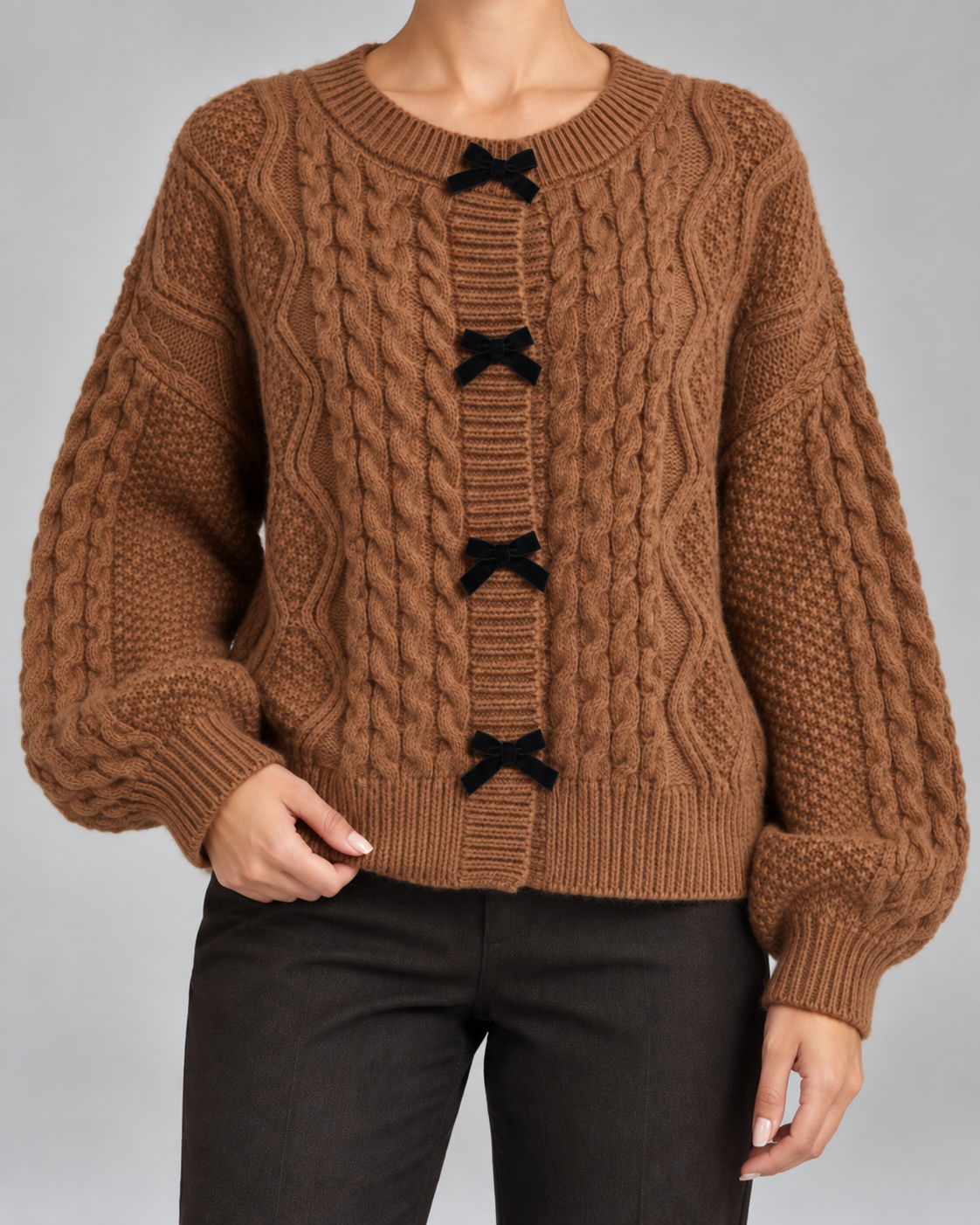 Cable Knit Cardigan - Velvet Bow Front Balloon Sleeve