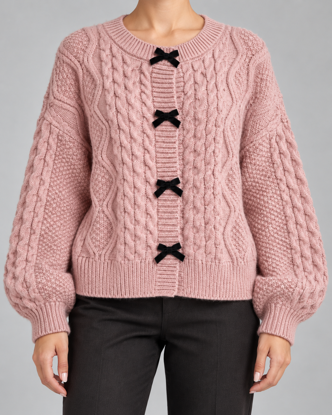 Cable Knit Cardigan - Velvet Bow Front Balloon Sleeve