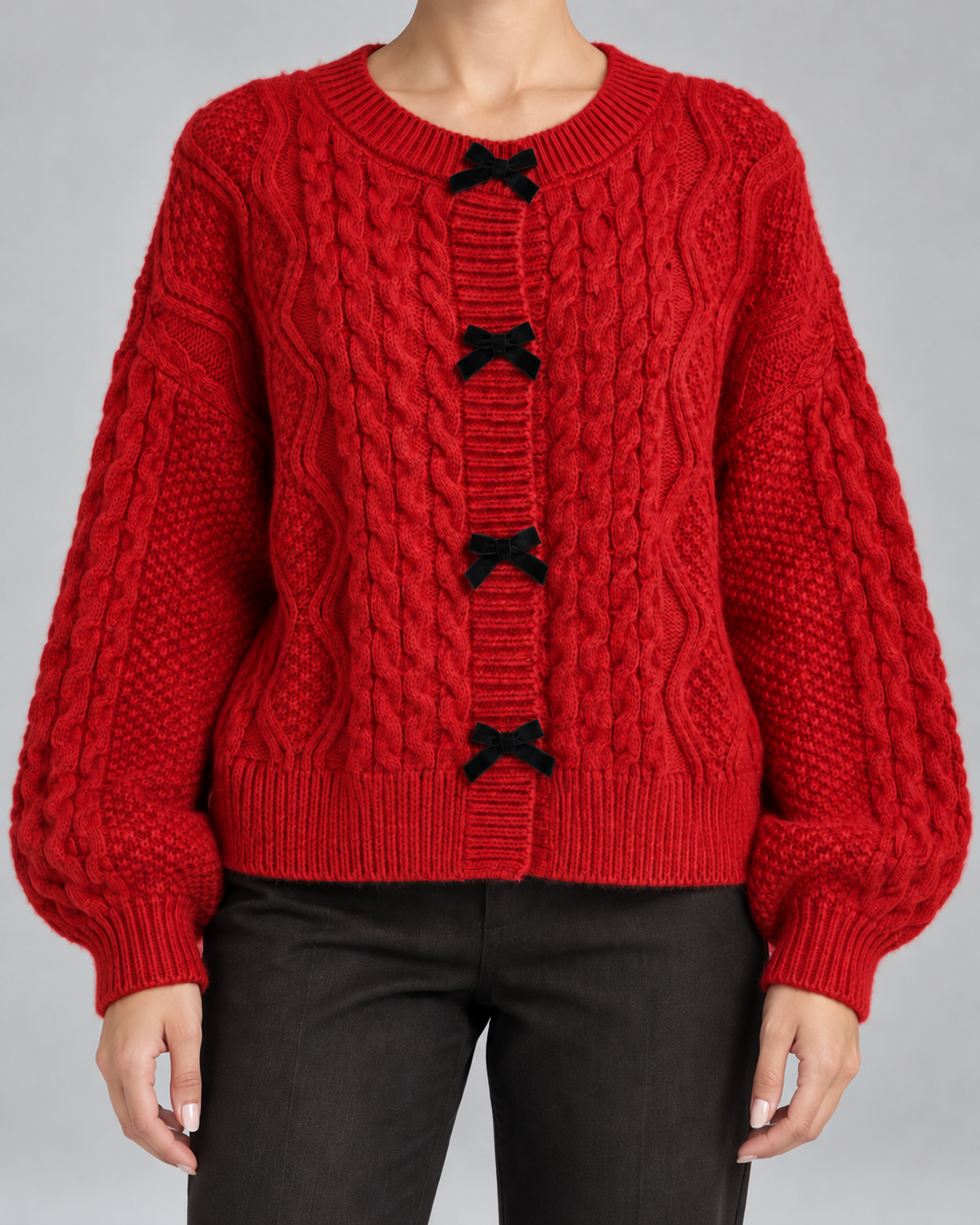 Cable Knit Cardigan - Velvet Bow Front Balloon Sleeve