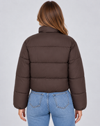 Cropped Quilted Puffer Jacket - High Collar Zip Front