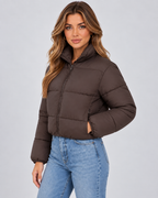 Cropped Quilted Puffer Jacket - High Collar Zip Front