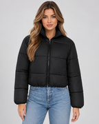 Cropped Quilted Puffer Jacket - High Collar Zip Front