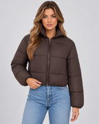 Cropped Quilted Puffer Jacket - High Collar Zip Front