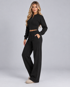 Fleece Tracksuit Set - Cropped Zip-Up Wide Leg Pants