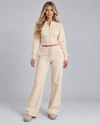 Fleece Tracksuit Set - Cropped Zip-Up Wide Leg Pants