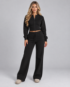 Fleece Tracksuit Set - Cropped Zip-Up Wide Leg Pants