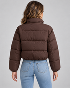 Funnel Neck Puffer Jacket - Cropped Quilted Zip Front