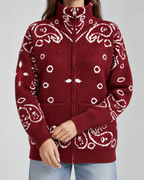 Funnel Neck Zip-Up Cardigan in Paisley Bandana Print
