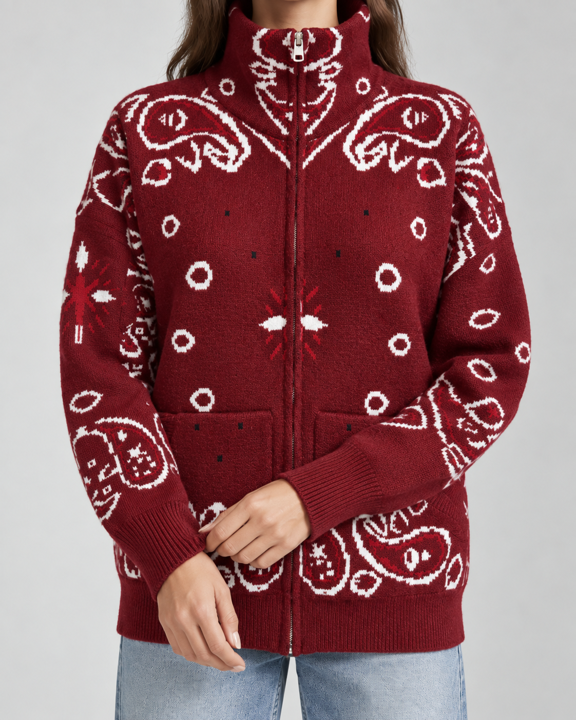 Funnel Neck Zip-Up Cardigan in Paisley Bandana Print