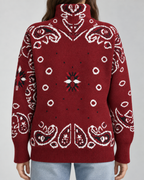 Funnel Neck Zip-Up Cardigan in Paisley Bandana Print