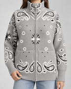 Funnel Neck Zip-Up Cardigan in Paisley Bandana Print