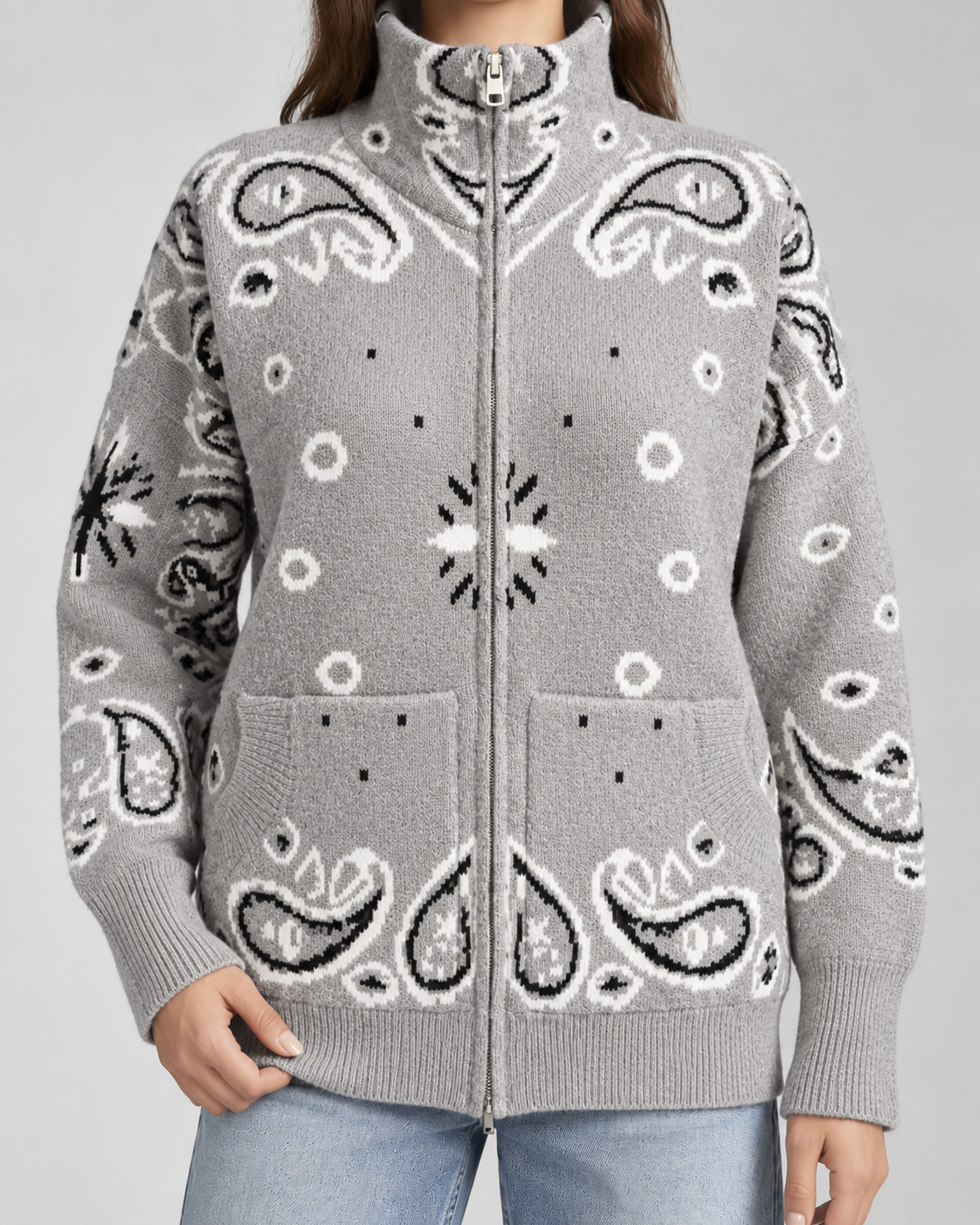 Funnel Neck Zip-Up Cardigan in Paisley Bandana Print