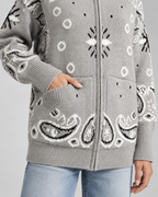 Funnel Neck Zip-Up Cardigan in Paisley Bandana Print