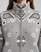 Funnel Neck Zip-Up Cardigan in Paisley Bandana Print