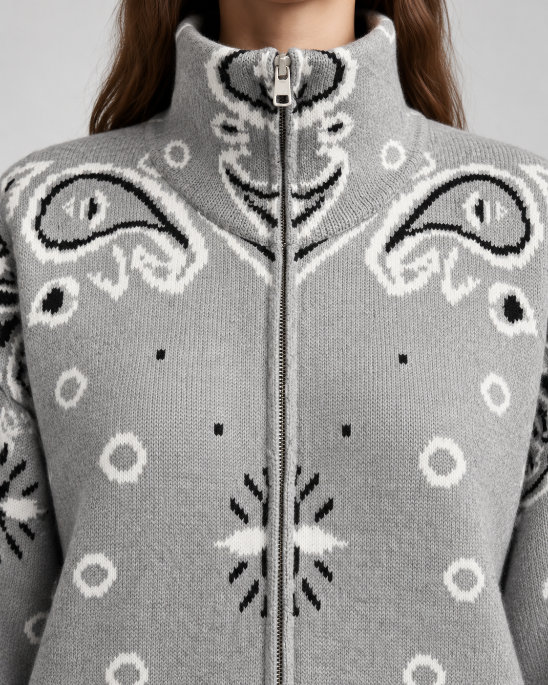 Funnel Neck Zip-Up Cardigan in Paisley Bandana Print