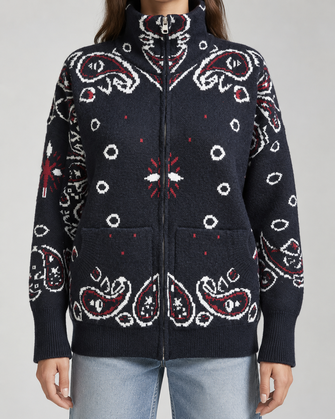 Funnel Neck Zip-Up Cardigan in Paisley Bandana Print