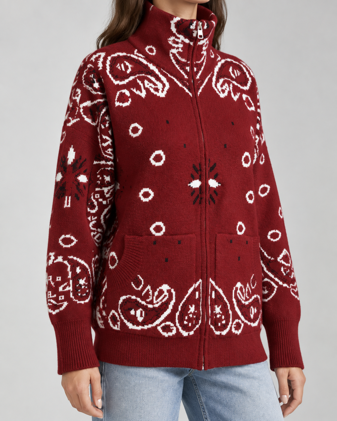 Funnel Neck Zip-Up Cardigan in Paisley Bandana Print