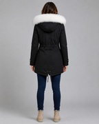 Fur Trim Hooded Long Parka with Drawstring Waist